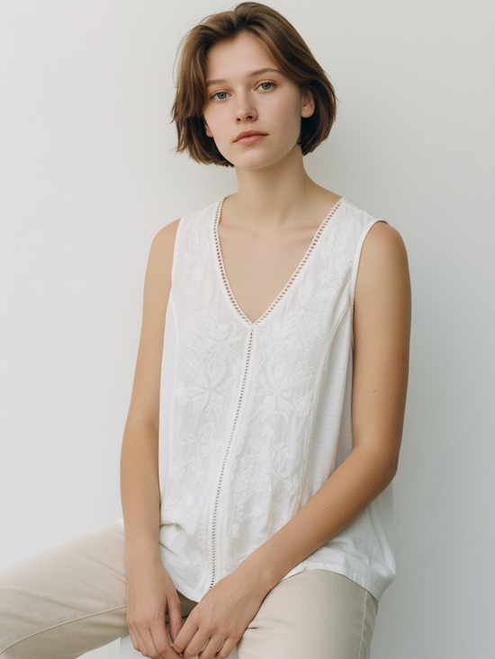 Coldwater Creek Tops - Coldwater Creek White Embroidered Cotton Tank Top V-Neck A-Line Medium